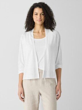 Eileen Fisher Sz L Organic Linen Knit High Collar Cardigan Boxy Fit Open Front L